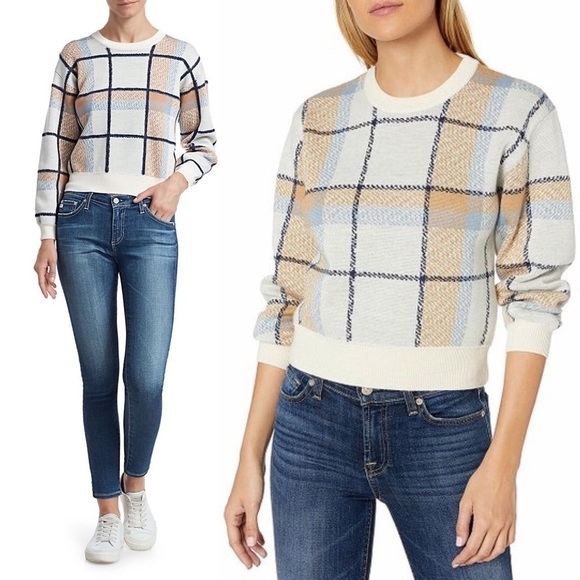 JOIE Wool Plaid Check Knit 3/4 Long Sleeve Crewneck Cropped Pullover Sweater XS - Picture 2 of 14